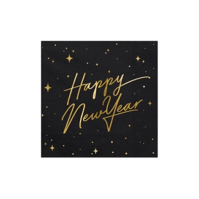 Guardanapo preto com escrita dourada Happy New Year e estrelas douradas