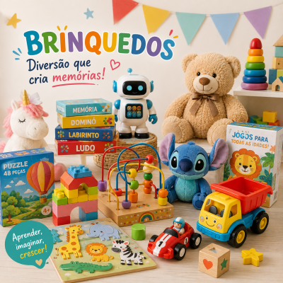Conjunto colorido de brinquedos infantis em madeira e pelúcia, com embalagens e textos em português.