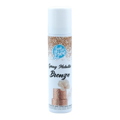 Frasco de spray metálico bronze com tampa branca e partículas metálicas brilhantes