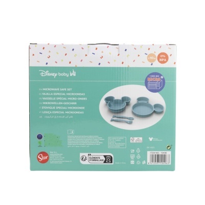 Conjunto especial para micro-ondas Disney Baby azul com vários pratos e talheres em caixa com texto multilingue