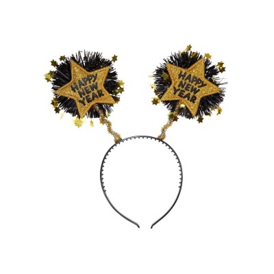 Tiara preta com estrelas decorativas e texto HAPPY NEW YEAR