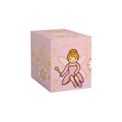 Caixa rosa com desenho de fada cor-de-rosa e padrão de flores douradas