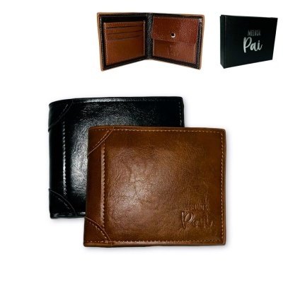 Carteiras em pele preta e castanha com texto Melhor Pai e caixa preta