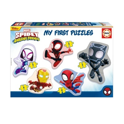Caixa com cinco puzzles de personagens Marvel Spidey Amazing Friends coloridos e pequenos
