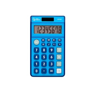 Calculadora azul da marca Lider Papel modelo XF09 com display digital e várias teclas