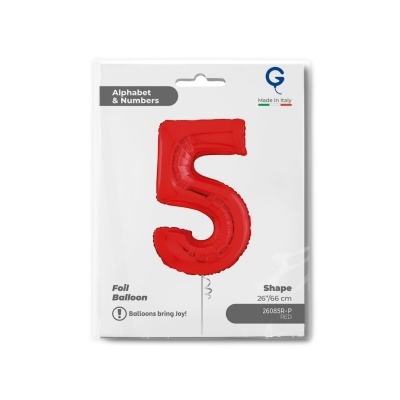 Embalagem de balão de folha vermelho número 5 com texto em inglês