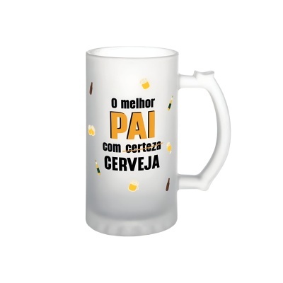 Caneca de vidro fosco com texto e desenhos relacionados com cerveja para pai