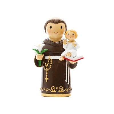 Figura decorativa de santo em cerâmica com criança e lírios