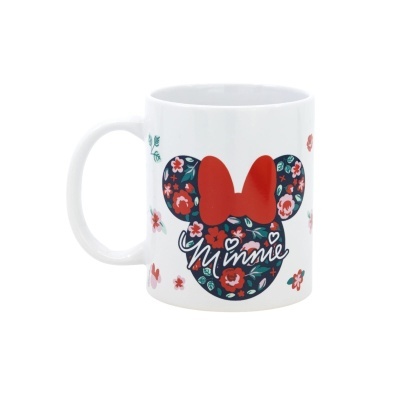 Caneca branca com padrão floral e cabeça da Minnie em destaque