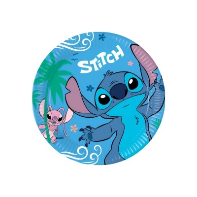 Prato azul redondo com ilustração dos personagens Stitch e Angel