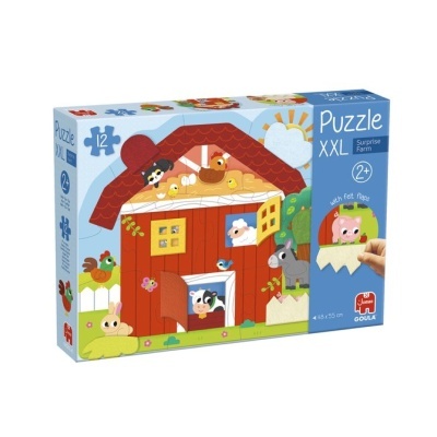 Quebra-cabeças XXL de madeira com tema quinta e animais em embalagem azul.