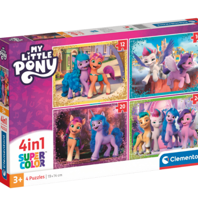 Caixa de puzzle My Little Pony com 4 puzzles coloridos e logo Clementoni