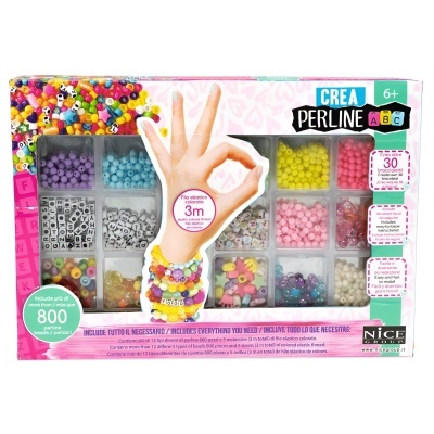 Conjunto de contas coloridas para pulseiras em embalagem com compartimentos e texto CREAPERLINE ABC.