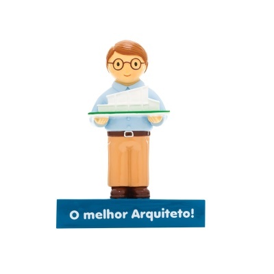 Figura decorativa de arquiteto com maquete e base com texto