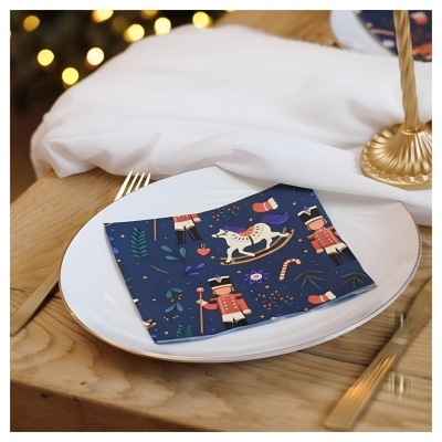 Guardanapo de papel com padrão natalício azul, soldados de chumbo e cavalinho de pau