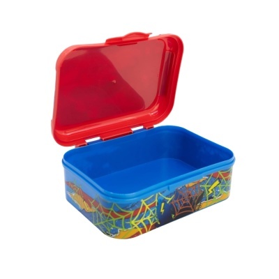 Estojo retangular azul com tampa vermelha aberta e decoração de teias de aranha