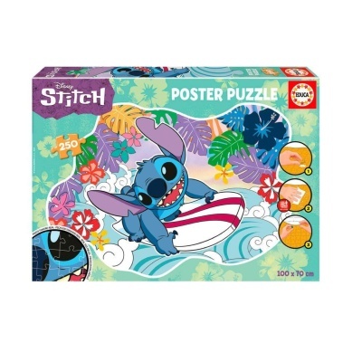 Caixa de puzzle Disney Stitch com 250 peças e imagem do personagem a surfar em ambiente tropical