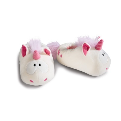 Chinelos de unicórnio creme com detalhes cor-de-rosa e crina felpuda.