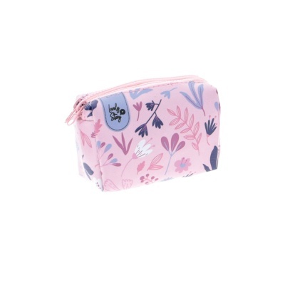 Bolsa pequena rosa com padrão floral colorido e etiqueta com texto