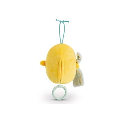 Brinquedo pendente de bebé amarelo com argola verde e tecido pendurado