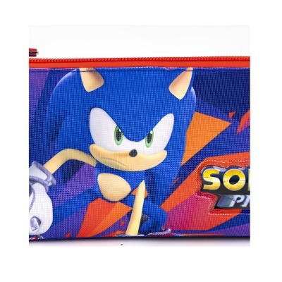 Estojo escolar azul com personagem Sonic e fecho vermelho