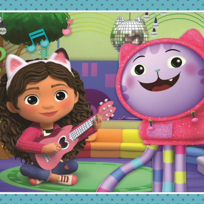 Personagem animada tocando ukulele ao lado de personagem animada roxa com capuz rosa glitter em ambiente colorido