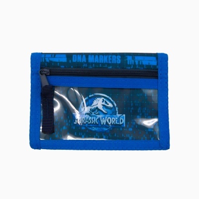 Carteira azul com fecho zip e logotipo Jurassic World em plástico transparente