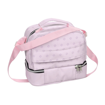 Mala pequena rosa com padrão de símbolos e alça larga