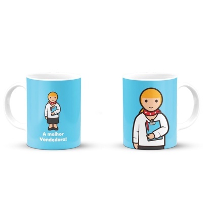 Duas canecas com desenho de mulher loira vestida de branco e preto com pasta azul e texto A melhor Vendedora