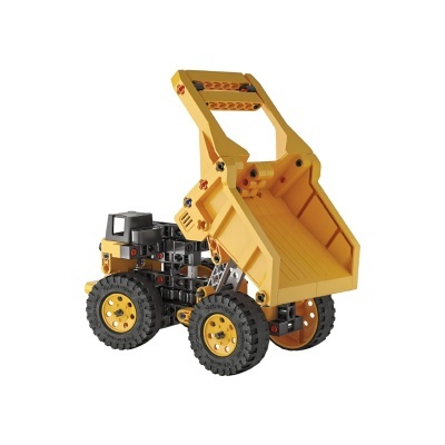 Camião de brinquedo basculante amarelo e preto com rodas grandes