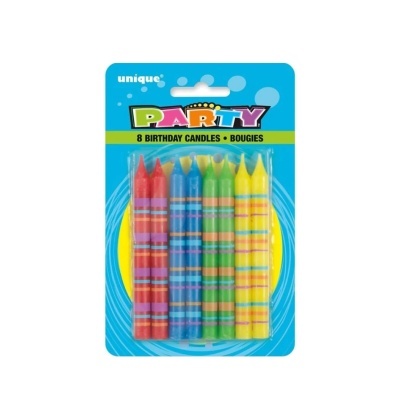 Pack de 8 velas coloridas de aniversário com riscas, embalagem azul