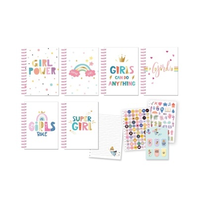 Conjunto de cadernos pequenos com mensagens de empowerment feminino e autocolantes coloridos.
