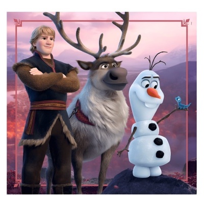 Personagens animados de Frozen: homem, rena e boneco de neve com pássaro