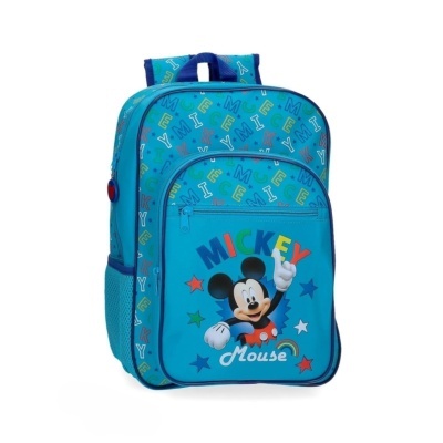 Mochila azul com padrão de letras coloridas e personagem Mickey Mouse