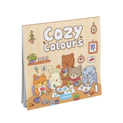 Livro de atividades infantil Cozy Colours com ilustração de animais a pintar