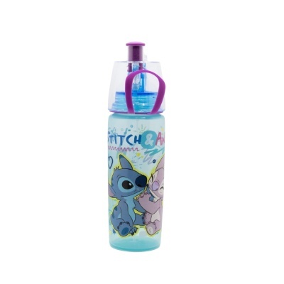 Garrafa de plástico azul com personagens Stitch & Angel e tampa roxa