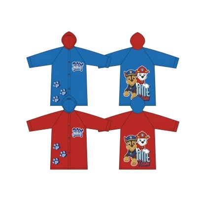Casacos infantis azul e vermelho com personagens da Patrulha Pata e texto