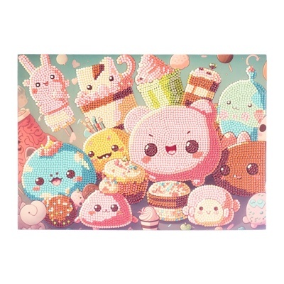 Ilustração colorida de personagens doces e fofos em estilo pixel art com rostos sorridentes