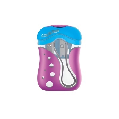 Afiador de lápis com corpo roxo translúcido e tampa azul com marca Color'peps