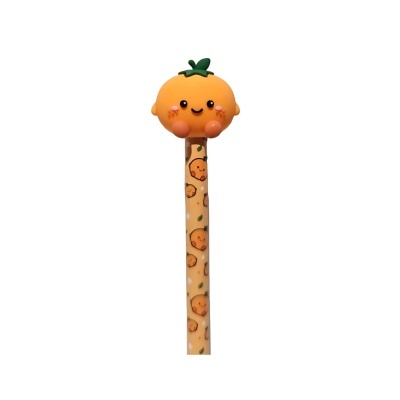 Caneta com figura de topo em forma de tangerina sorridente cor laranja e verde