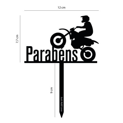 Topo de bolo preto com motociclista e texto Parabéns