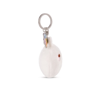 Porta-chaves de pelúcia branca com anel metálico e pingente colorido