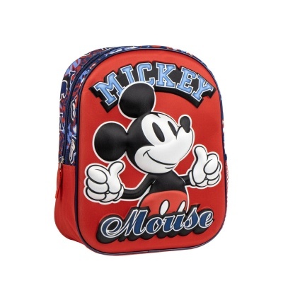 Mochila vermelha com estampa do Mickey Mouse e texto MICKEY Mouse