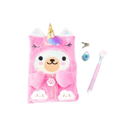 Diário de pelúcia rosa em forma de unicórnio com caneta rosa, cadeado azul e chave
