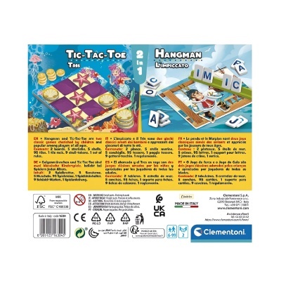 Embalagem de jogo 2 em 1 com Tic-Tac-Toe e Jogo da Forca com tabuleiros coloridos e acessórios.