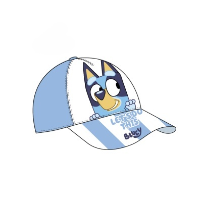 Boné infantil azul com personagem Bluey e texto LET'S DO THIS BLUEY