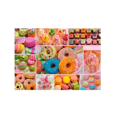 Colagem colorida de doces variados incluindo cupcakes, donuts e macarons.