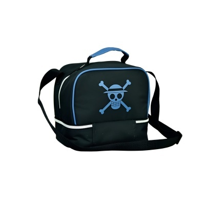 Mala pequena preta com caveira e ossos cruzados azuis.