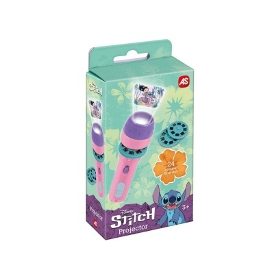 Projetor infantil Disney Stitch cor de rosa com lilás na embalagem verde água