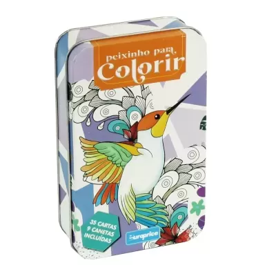 Caixa metálica decorativa com colibri colorido e texto peixinho para Colorir